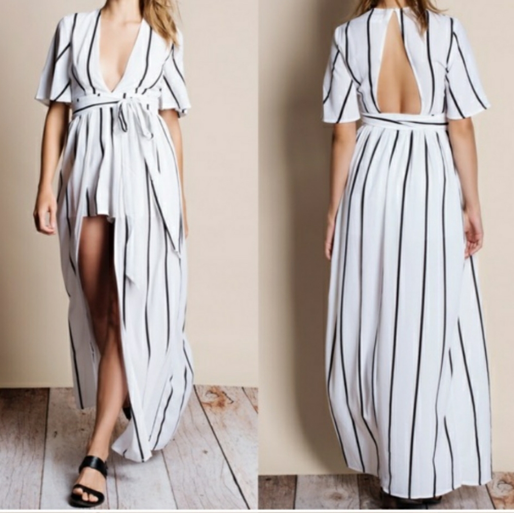 Navy Striped V-neck Romper Maxi Dress Ivory